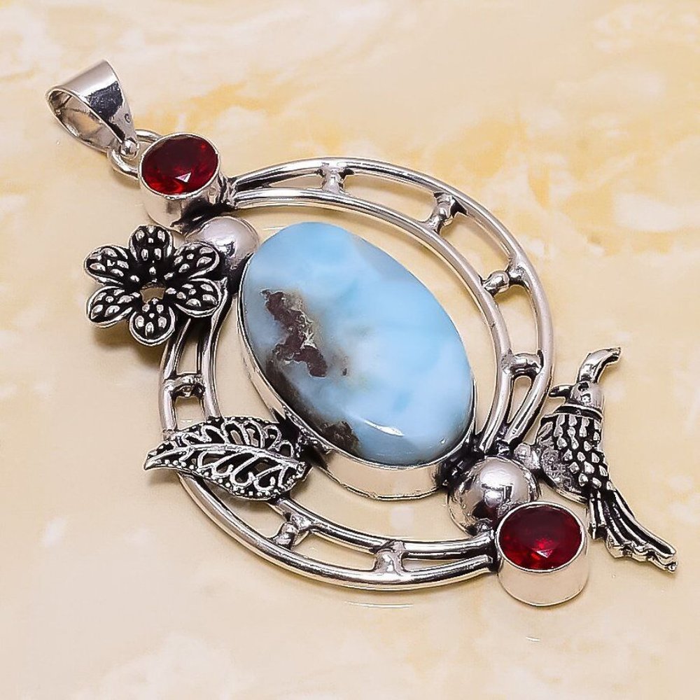 Handmade Stamped 925 Republic Larimar, Garnet Gemstone Necklace & Earring Set - Picture 7 of 7